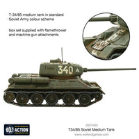 Fully assembled T-34/85 medium tank miniature, ready for tabletop battles
