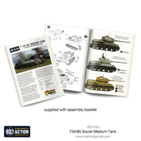 T-34/85 box set contents: tank components, decals, stat card & leaflet
