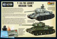 T-34/85 box set contents: tank components, decals, stat card & leaflet
