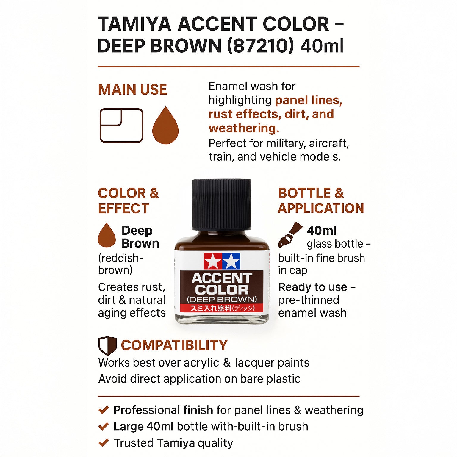 Tamiya Accent Color Deep Brown 87210 – profesjonalny enamel wash 40ml do paneli, rdzy i efektów starzenia modeli
