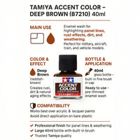 Tamiya Accent Color Deep Brown 87210 – profesjonalny enamel wash 40ml do paneli, rdzy i efektów starzenia modeli
