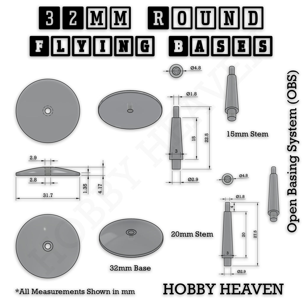Technical diagram showing precise measurements of 32mm clear bases and 15mm/20mm flying stems with total heights of 22.5mm and 27.5mm