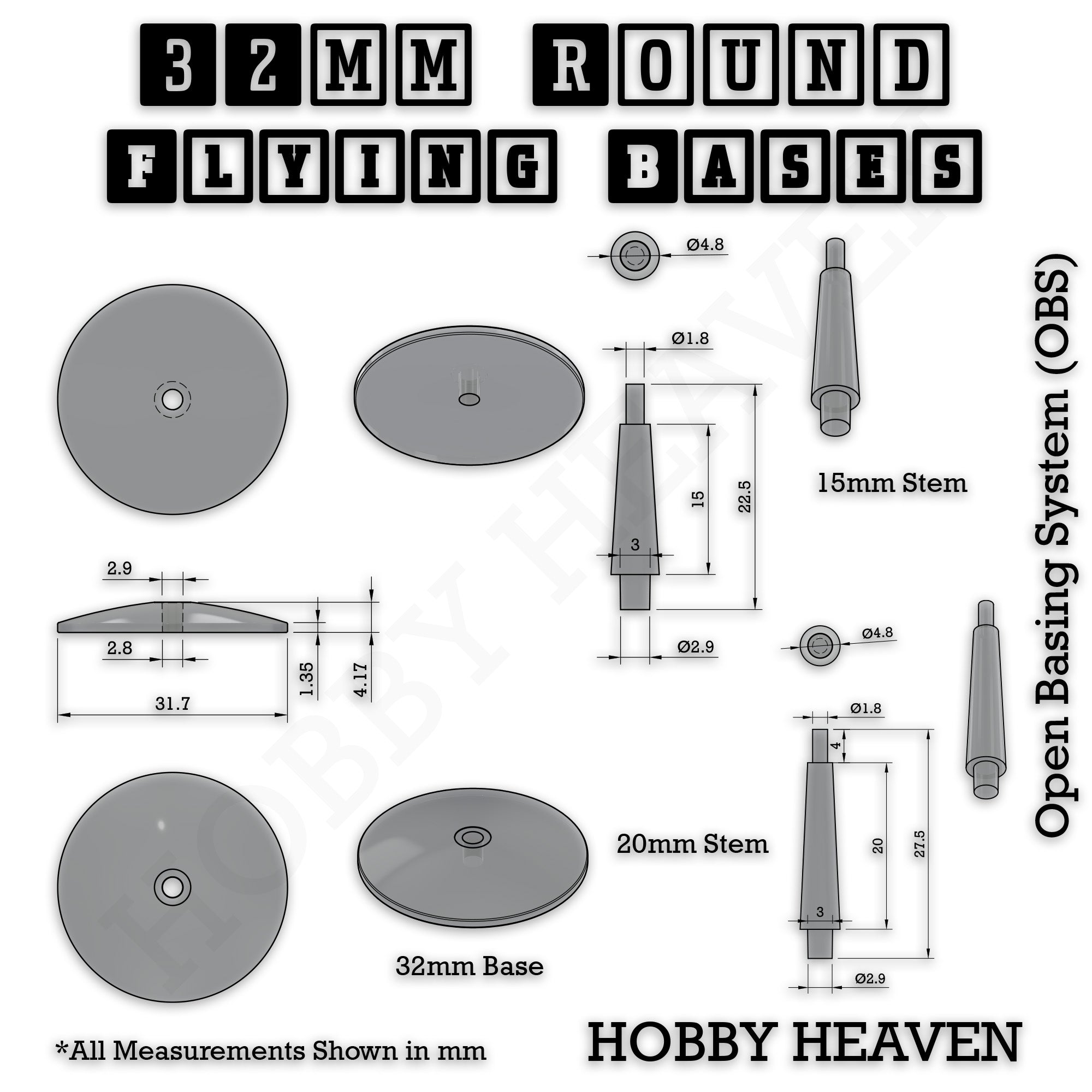 Technical diagram showing precise measurements of 32mm clear bases and 15mm/20mm flying stems with total heights of 22.5mm and 27.5mm