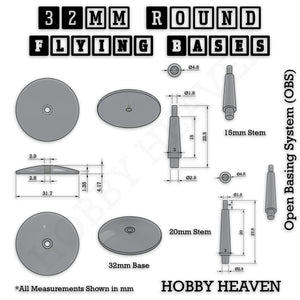 Technical diagram showing precise measurements of 32mm clear bases and 15mm/20mm flying stems with total heights of 22.5mm and 27.5mm