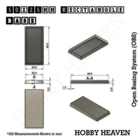 Technical diagram showing dimensions of 50x25mm wargaming base: 4mm height, 1.5mm walls, and 2.5mm magnet space
