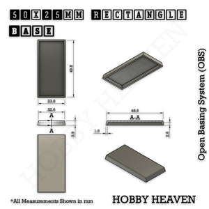 Technical diagram showing dimensions of 50x25mm wargaming base: 4mm height, 1.5mm walls, and 2.5mm magnet space