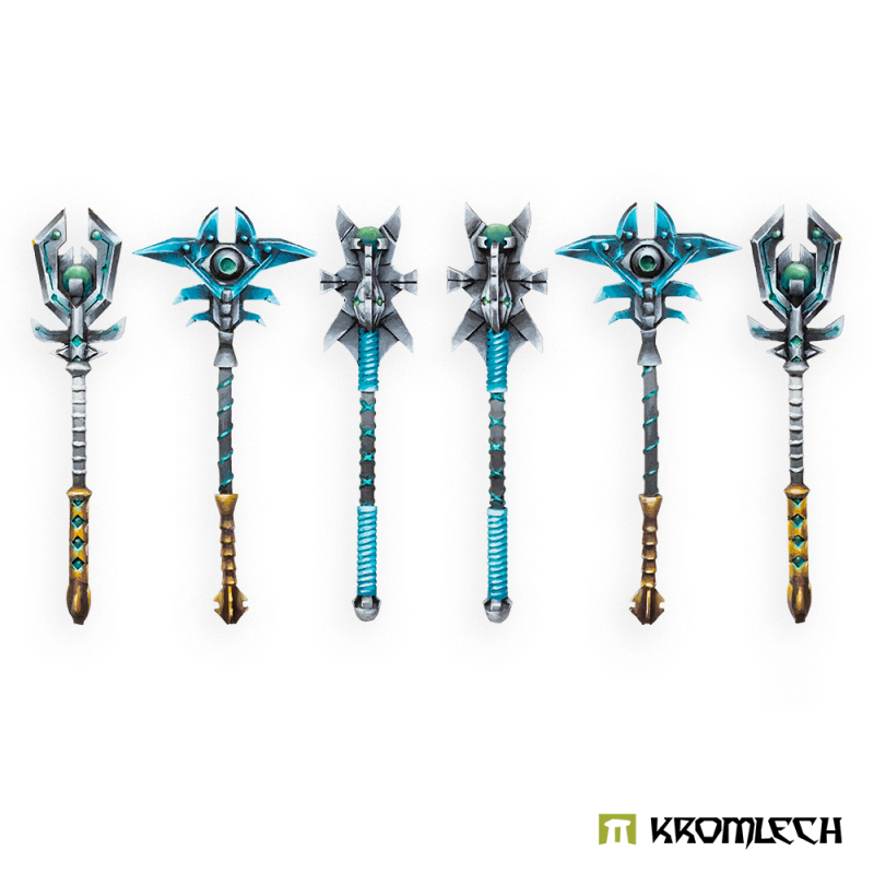 Kromlech Technomancer Staves painted in steel, turquoise and gold: the three designs, each shown twice