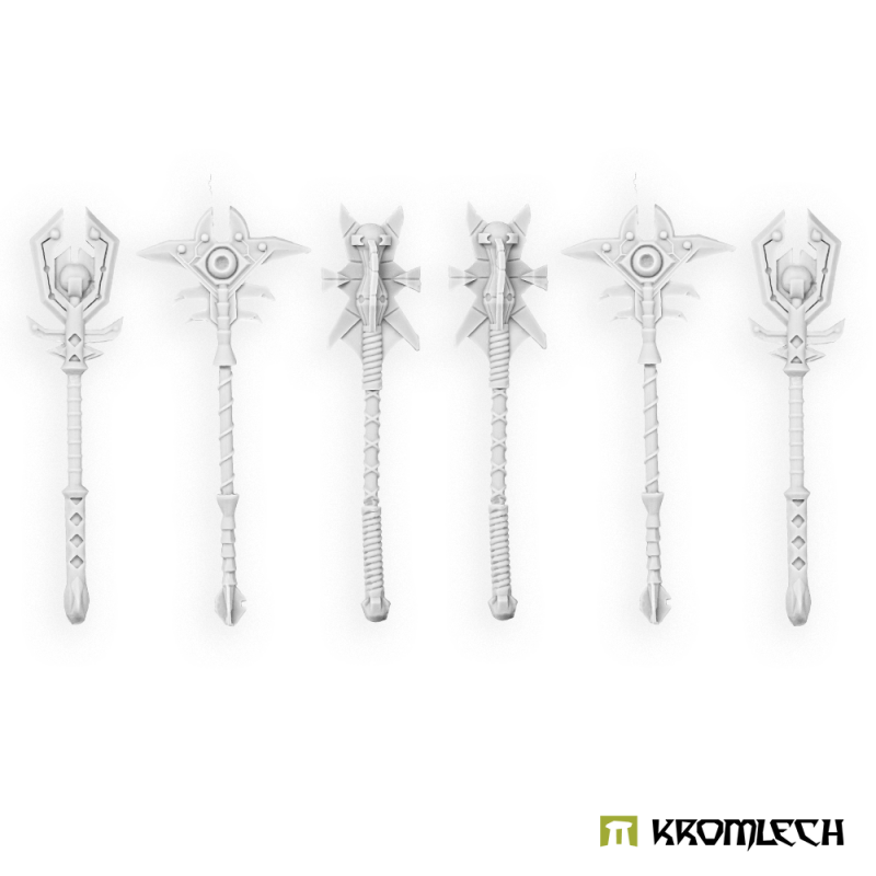 The technomancer staves in pale resin, each design shown twice