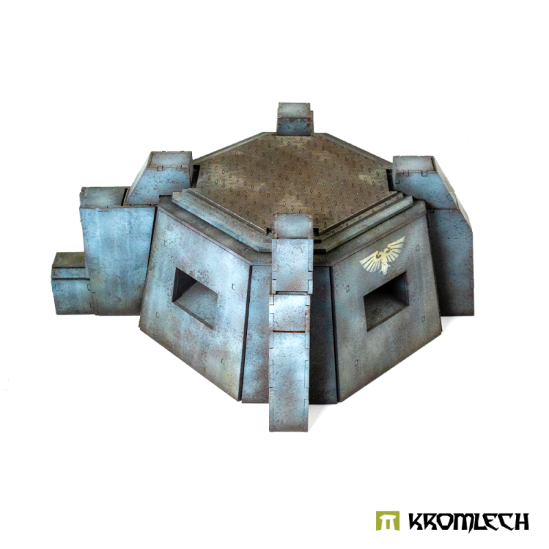 Kromlech Tempestus Pillbox, painted: eight-sided blockhouse with an eagle and firing slits, outer wall stubs at each side