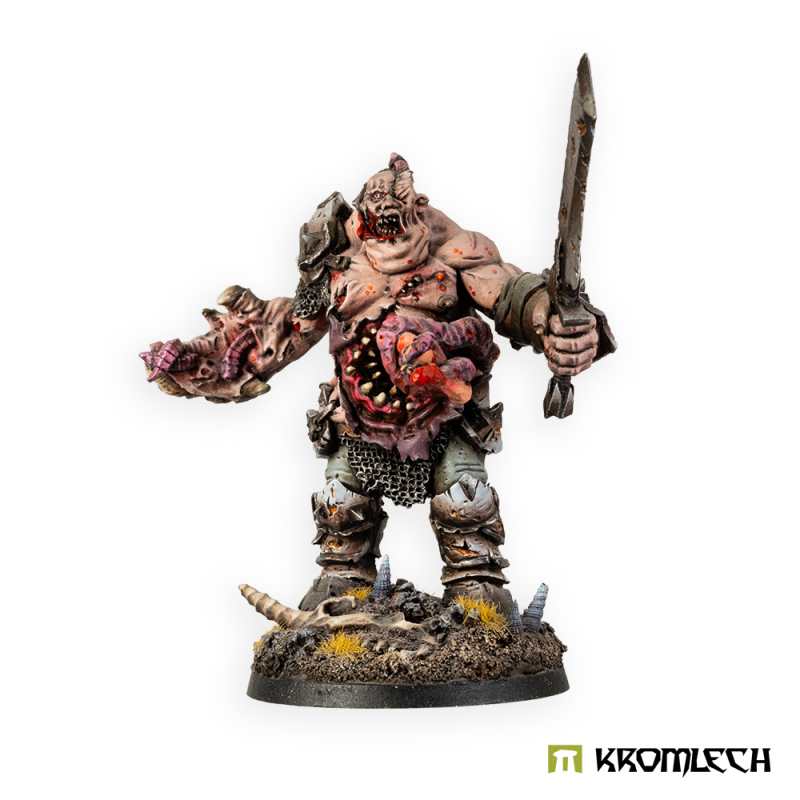 Kromlech Thi'gh'taar, Devourer of Flesh, painted: a fanged maw open in his belly, sword raised