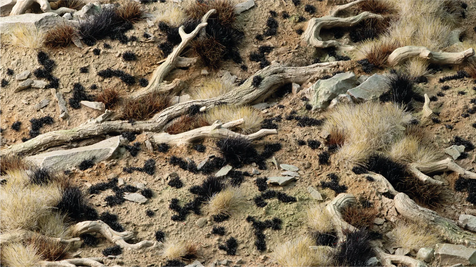 Gamers Grass Tiny Black 1mm tufts scattered on arid wasteland diorama with dried tufts bleached wood and rocks