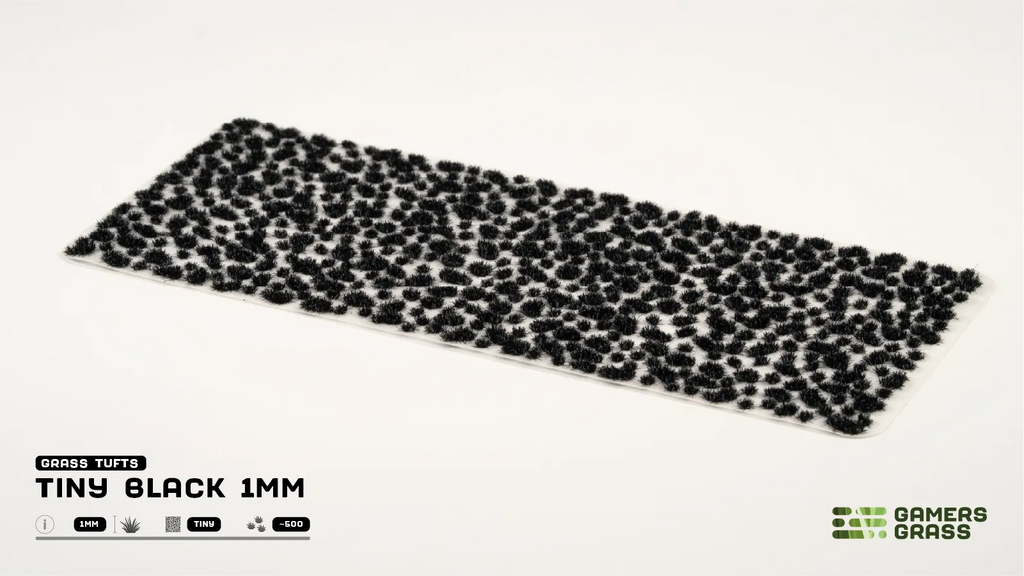Gamers Grass Tiny Black 1mm full tuft sheet showing approximately 500 individual black micro tufts