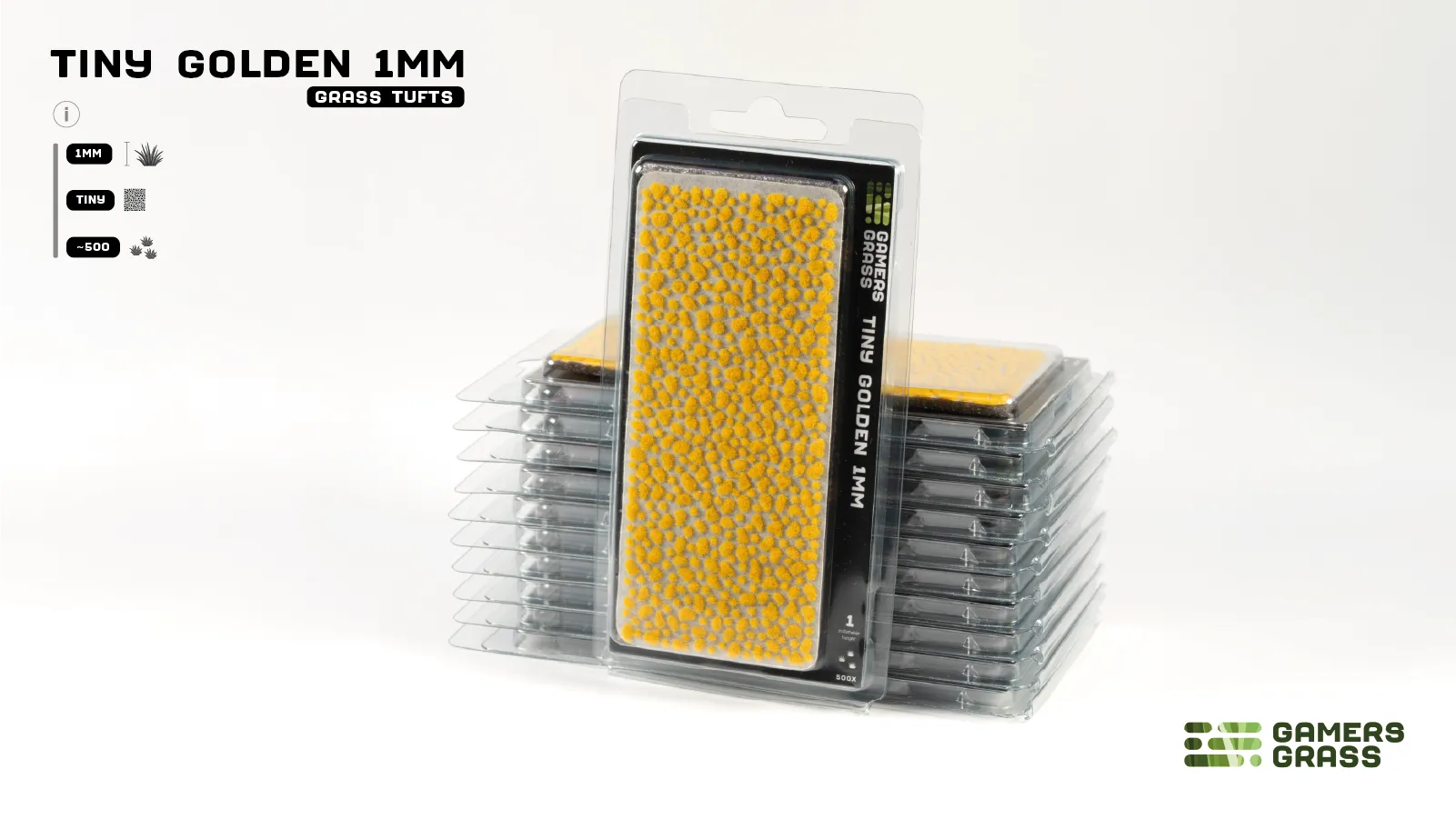 Gamers Grass Tiny Golden 1mm GGTT-GO blister pack showing golden yellow micro tufts on sheet