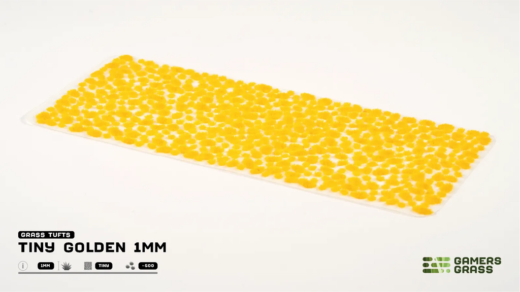 Gamers Grass Tiny Golden 1mm full tuft sheet showing approximately 500 individual golden micro tufts