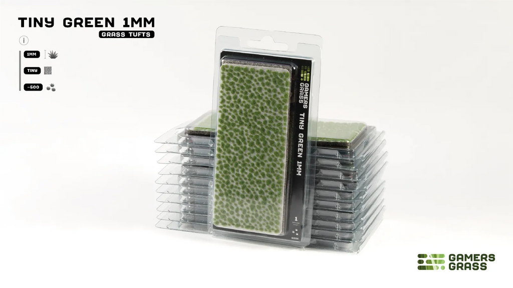 Gamers Grass Tiny Green 1mm GGTT-GR blister pack showing vivid green micro tufts on sheet