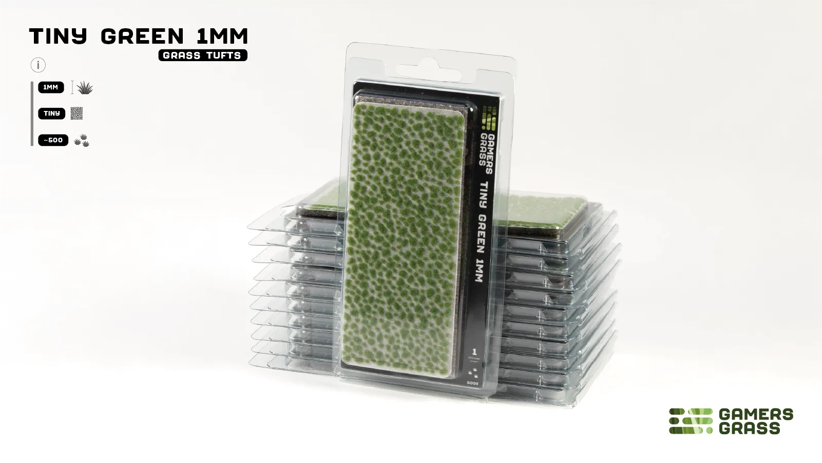 Gamers Grass Tiny Green 1mm GGTT-GR blister pack showing vivid green micro tufts on sheet