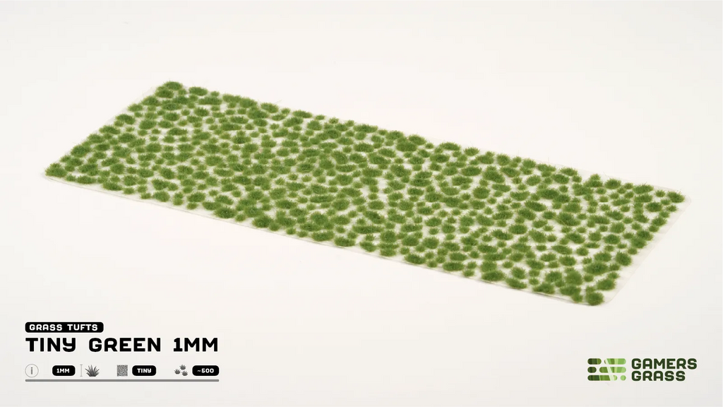 Gamers Grass Tiny Green 1mm full tuft sheet showing approximately 500 individual green micro tufts