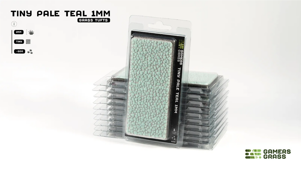 Gamers Grass Tiny Pale Teal 1mm GGTT-PT blister pack showing pale mint-teal micro tufts on sheet