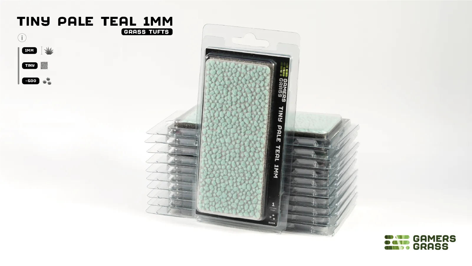 Gamers Grass Tiny Pale Teal 1mm GGTT-PT blister pack showing pale mint-teal micro tufts on sheet