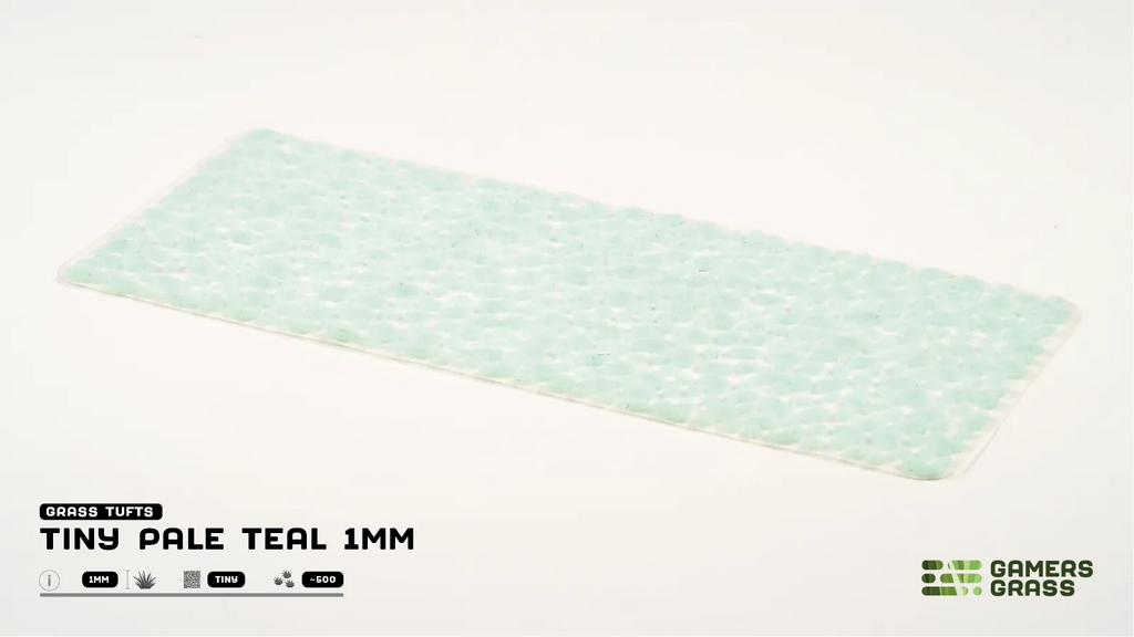 Gamers Grass Tiny Pale Teal 1mm full tuft sheet showing approximately 500 individual pale teal micro tufts