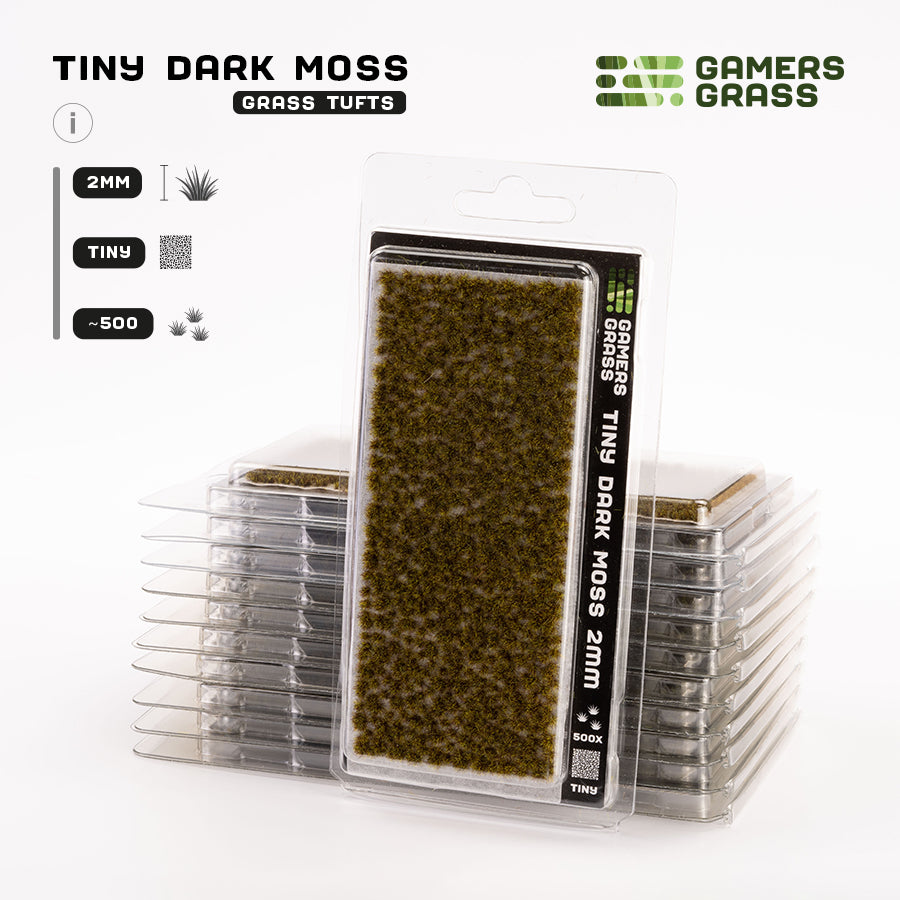 Gamers Grass Tiny Tufts Dark Moss packaging, featuring shadowy, forest-floor micro-vegetation imagery