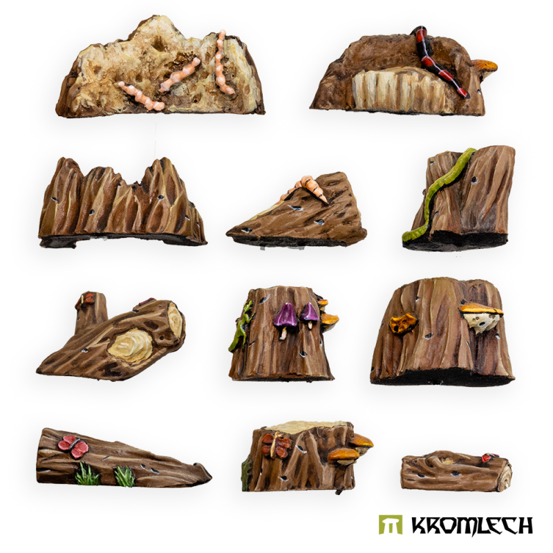 Kromlech Tree Stumps painted: eleven stumps and logs with shelf fungus, toadstools, worms and a small snake
