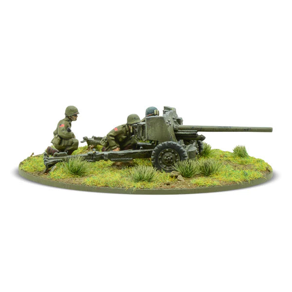 Close-up of anti-tank gun miniatures from the Bolt Action US Airborne Starter Army, perfect for tabletop WWII battle scenarios.