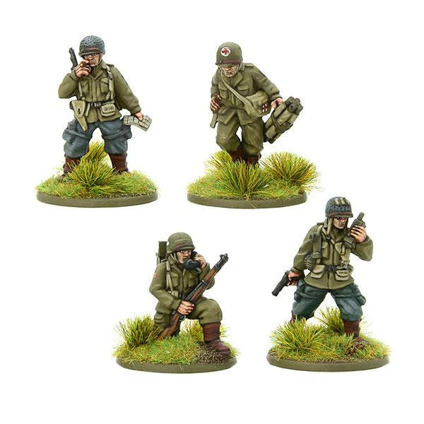 Close-up view of detailed infantry miniatures from the Bolt Action US Airborne Starter Army, showcasing paratroopers in WWII uniforms.