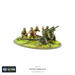  Miniatures of heavy weapons from the Bolt Action US Army Starter Army, including machine guns and anti-tank guns.