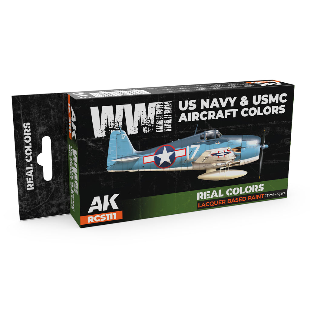 AK Interactive Real Colors WWII US Navy & USMC Aircraft Colors RCS111 box with six 17 ml lacquer paint bottles