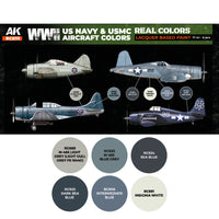 Color swatches of the six US Navy and USMC aircraft paints included in the RCS111 set: Light Grey, Blue Grey, Sea Blue, Dark Sea Blue, Intermediate Blue, and Insignia White, with detailed labels showing their historical application
