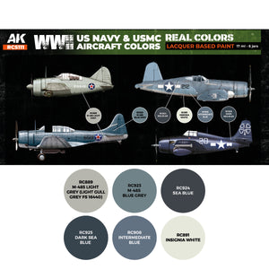 Color swatches of the six US Navy and USMC aircraft paints included in the RCS111 set: Light Grey, Blue Grey, Sea Blue, Dark Sea Blue, Intermediate Blue, and Insignia White, with detailed labels showing their historical application