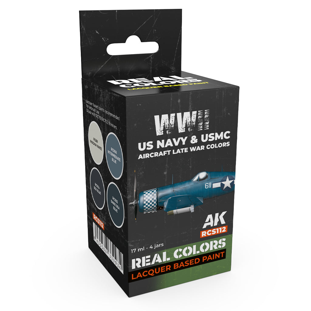 AK Interactive Real Colors US Navy & USMC Late War RCS112 box with four 17 ml lacquer paint bottles