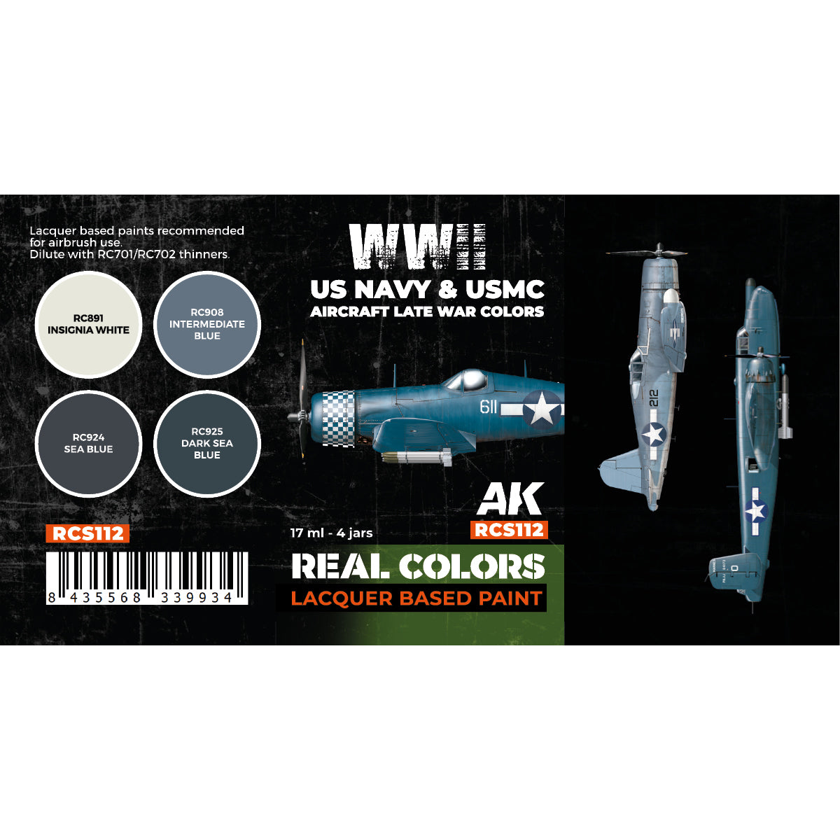 Color swatches of the four US Navy and USMC late-war aircraft paints included in the RCS112 set: Insignia White, Intermediate Blue, Sea Blue, and Dark Sea Blue, with detailed labels showing their application on famous aircraft