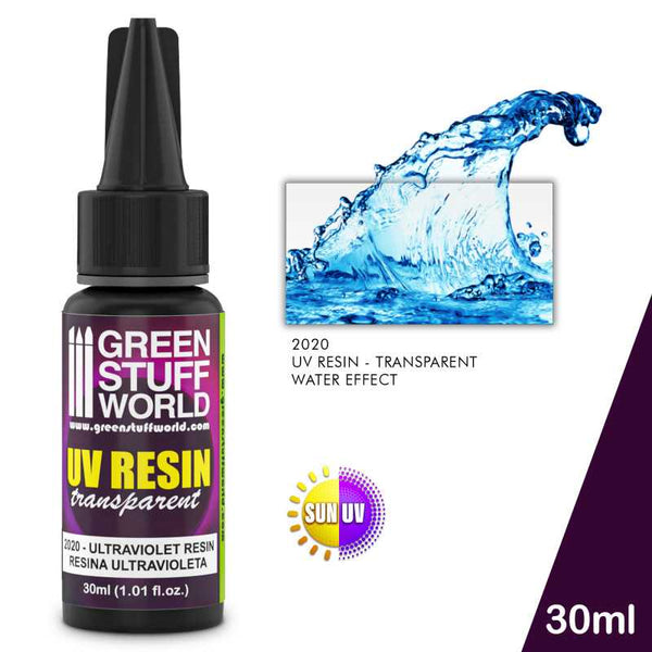 UV Resin 30ml Transparent Water Effect bottle and splash example