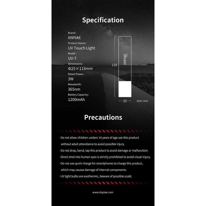 DSPIAE specification panel for the UV-T: 25 x 118 mm, 3 W, 365 nm, 1200 mAh, with precautions below