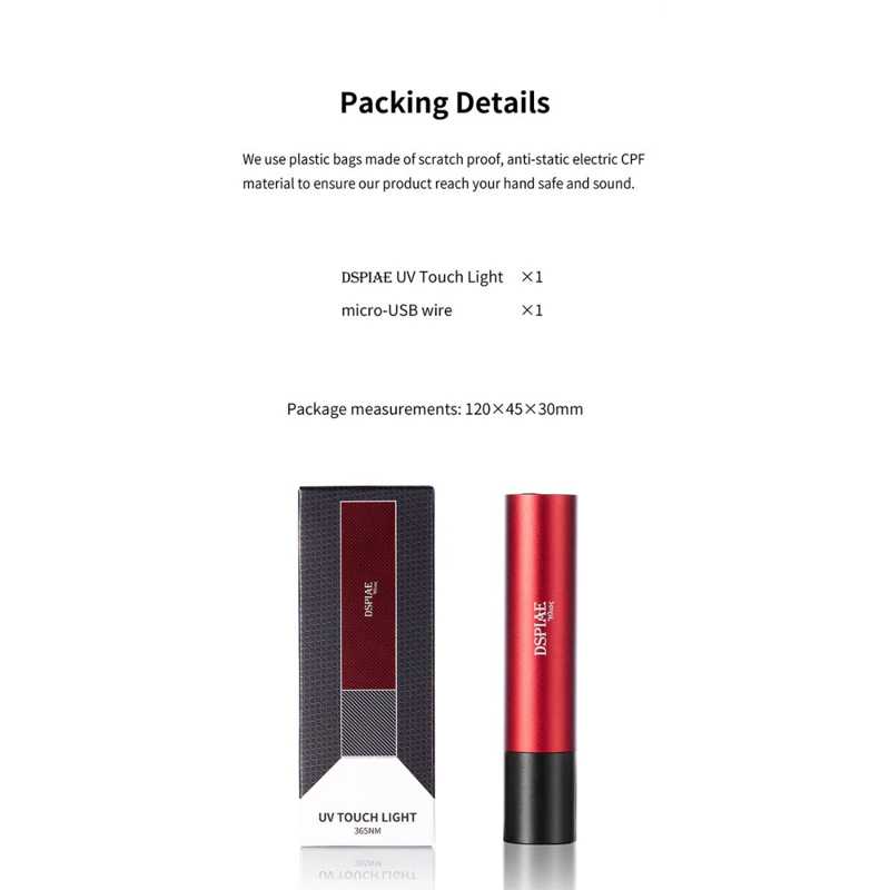 DSPIAE packing details for the UV-T: the light and a micro-USB cable, package 120 x 45 x 30 mm
