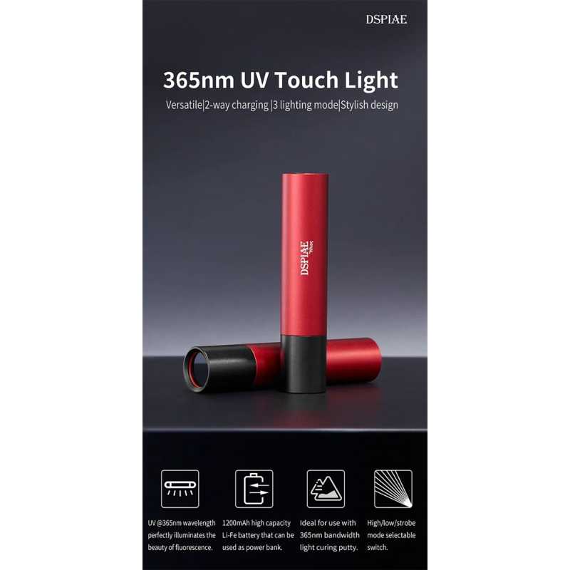 DSPIAE poster for the 365nm UV Touch Light with icons for wavelength, battery, curing putty and modes