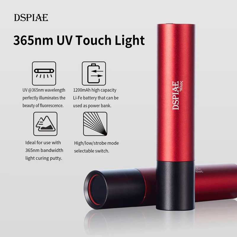 DSPIAE 365nm UV Touch Light panel: one light standing, one lying with its black lens end to the camera