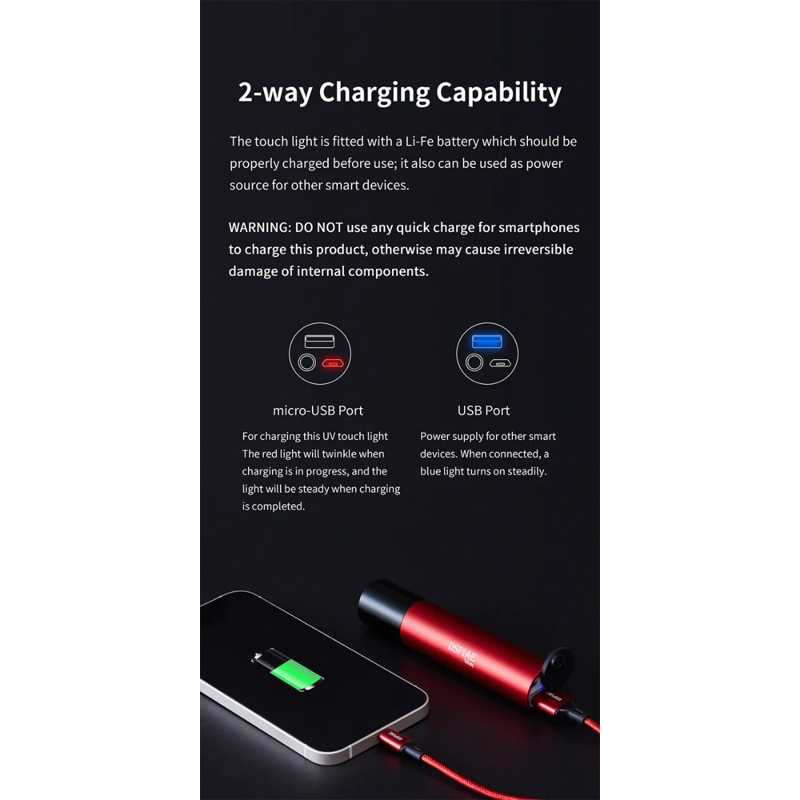 DSPIAE panel on two-way charging: micro-USB input, USB output, a phone charging from the light