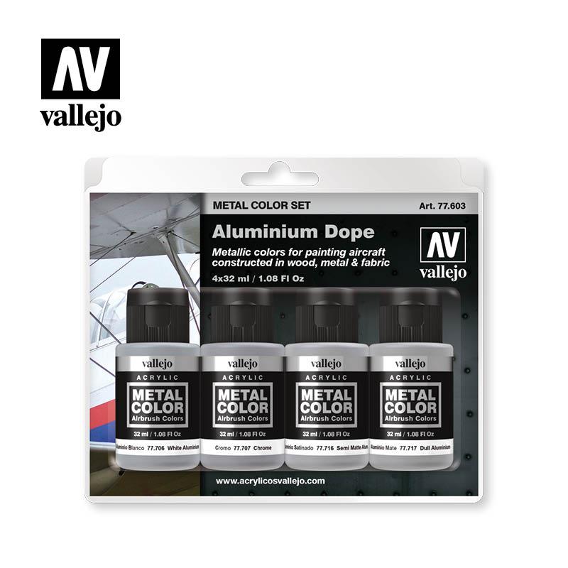 Vallejo Metal Color Aluminium Dope set card with four 32 ml bottles: White Aluminium, Chrome, Semi Matte and Dull Aluminium