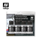 Vallejo Metal Color Aluminium Dope set card with four 32 ml bottles: White Aluminium, Chrome, Semi Matte and Dull Aluminium