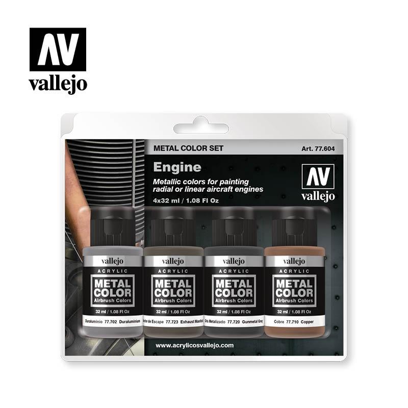 Vallejo Metal Color Engine set blister card with four 32 ml bottles: Duraluminium, Copper, Gunmetal Grey and Exhaust Manifold