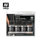 Vallejo Metal Color Engine set blister card with four 32 ml bottles: Duraluminium, Copper, Gunmetal Grey and Exhaust Manifold