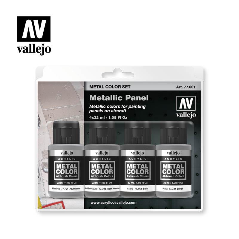 Vallejo Metal Color Metallic Panel set blister card with four 32 ml bottles: Aluminium, Dark Aluminium, Steel and Silver