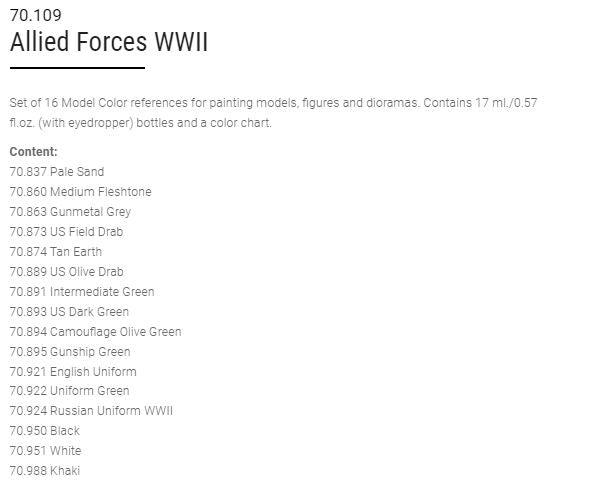 Vallejo Model Color Paint Set Allied Forces WWII 16 Paints VAL70109 - Hobby Heaven