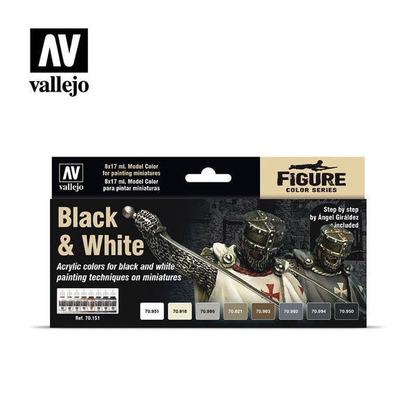 Vallejo Paint Set Black And White 8 Paints Figure Color Series VAL70151 - Hobby Heaven