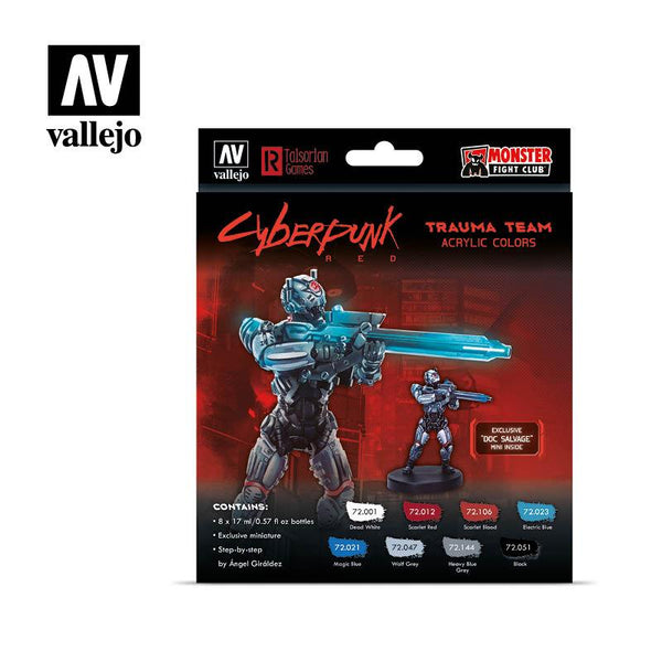 Vallejo Paint Set Trauma Team by Cyberpunk Red Exclusive “Doc Salvage” 8 Paints + Miniature VAL72310 - Hobby Heaven