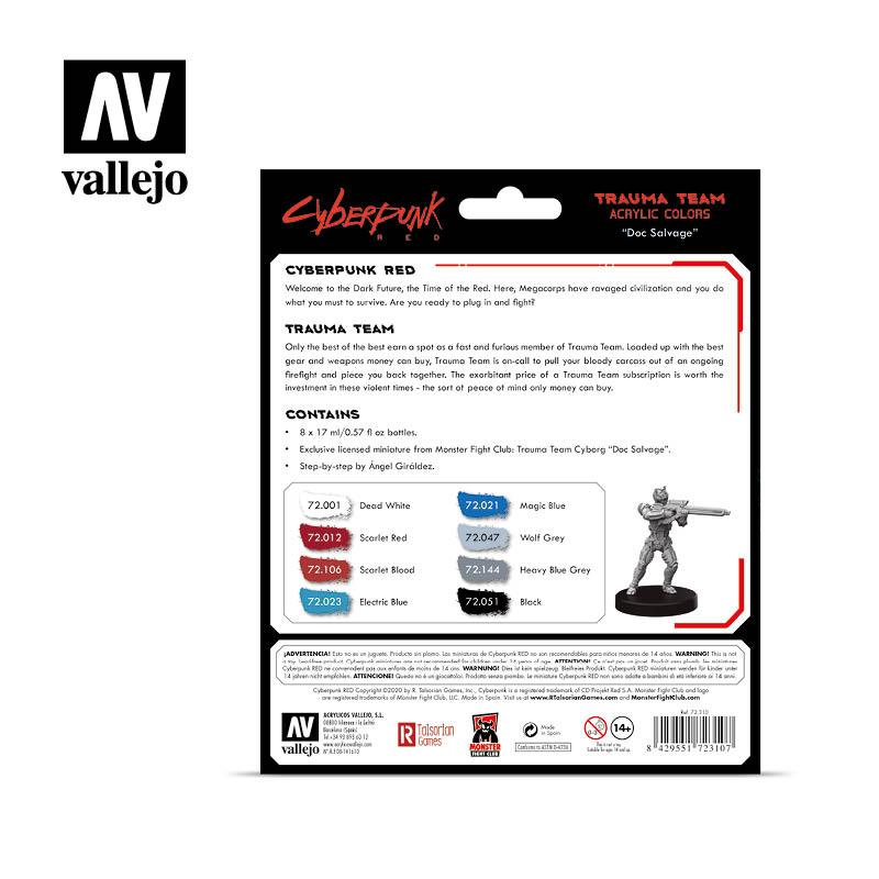 Vallejo Paint Set Trauma Team by Cyberpunk Red Exclusive “Doc Salvage” 8 Paints + Miniature VAL72310 - Hobby Heaven