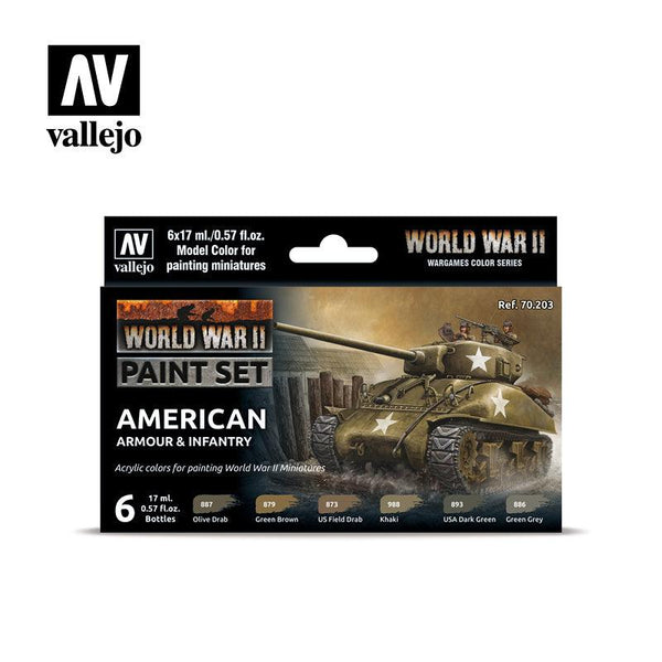 Vallejo Paint Set WWII Paint Set American Armour & Infantry 6 Paints Wargames Color Series VAL70203 - Hobby Heaven